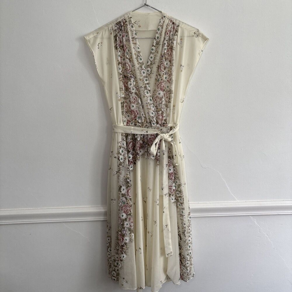 Vintage 70s/80s Floral Chiffon Wrap Dress Romantic Prairie Style Cream Sz Small